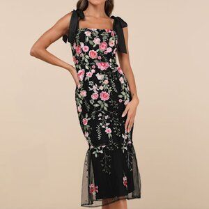 Lulus Stunning Inclination Black Embroidered Tie-strap Midi Dress - Size M